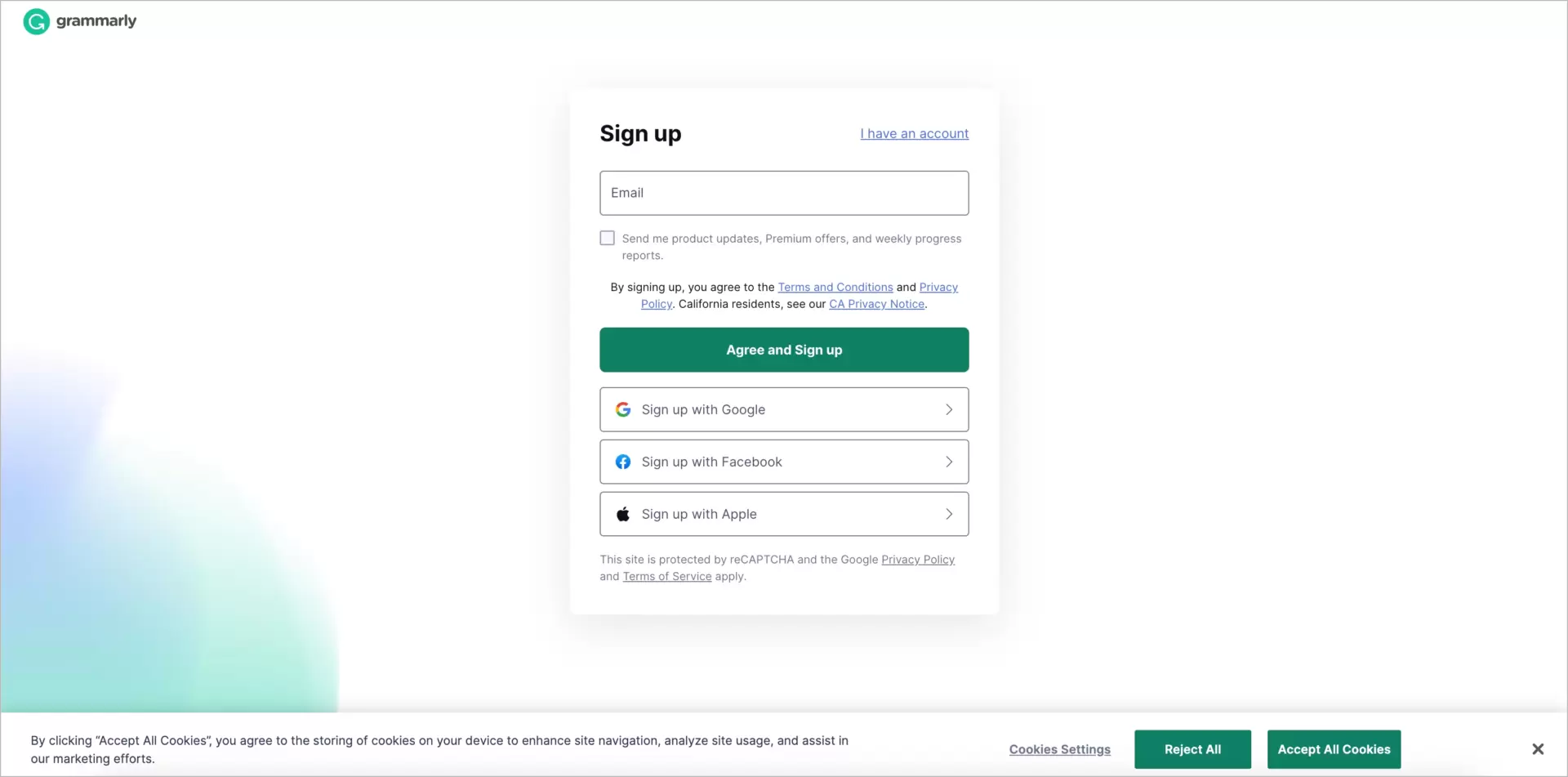 Página da Web do Grammarly