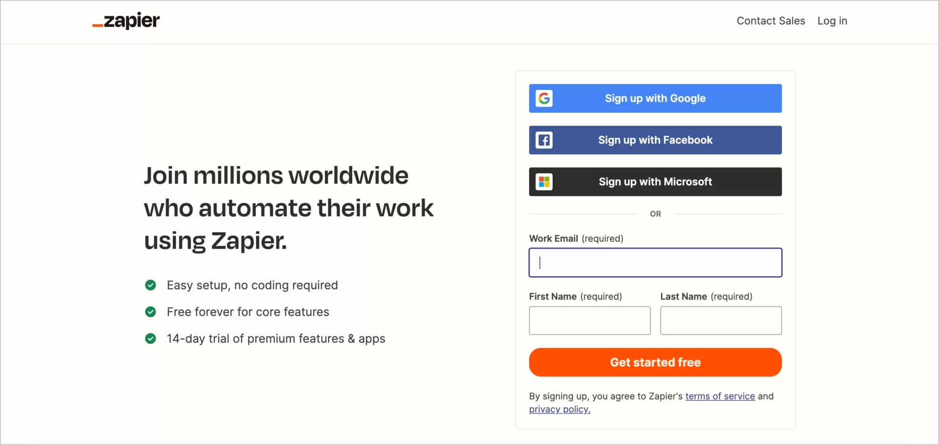 novo landing page por Zapier