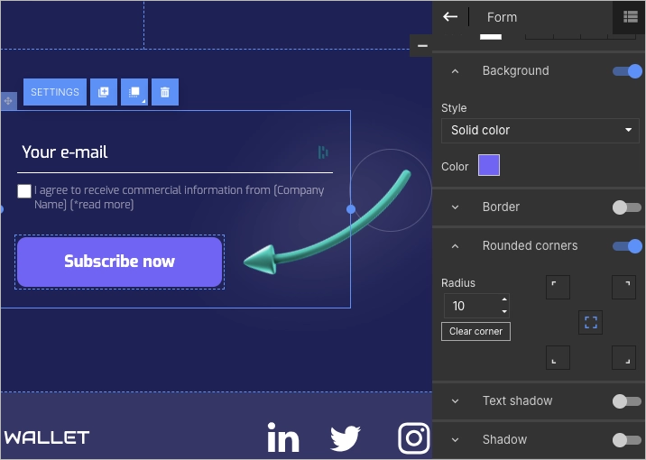 Configurações do botão cta