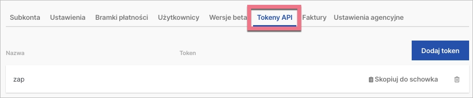 Zakładka Tokeny API