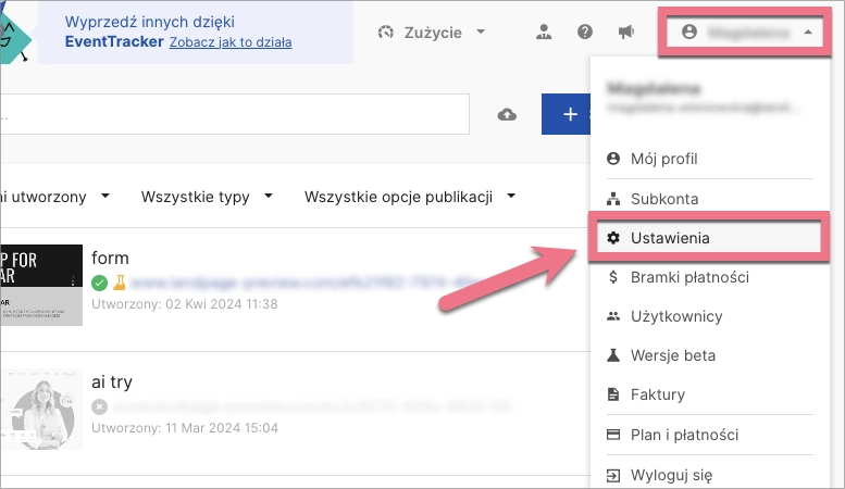 Nawigacja do ustawień konta Landingi